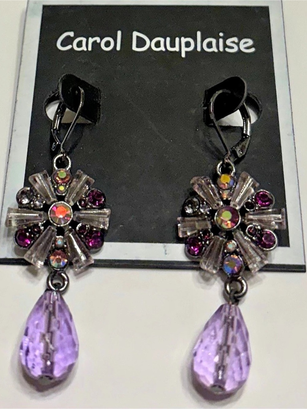 Carol Dauplaise Crystal Flower Drop Earrings in Purple NWT